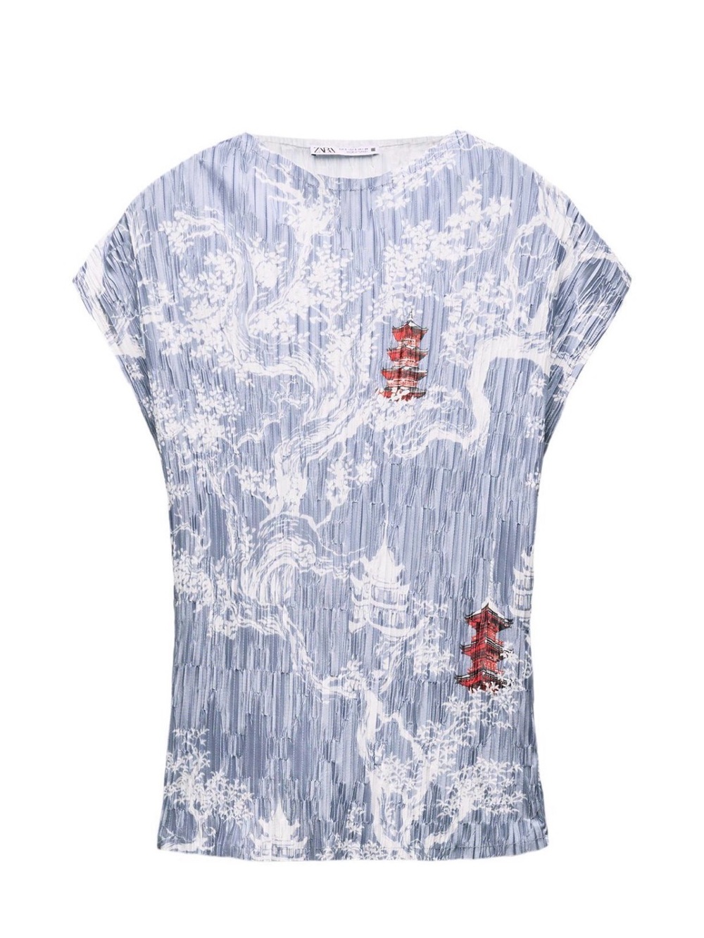 Zara Plisse Blue & White Print Cap-Sleeve Top Red Accents Large NWT! 5039/177